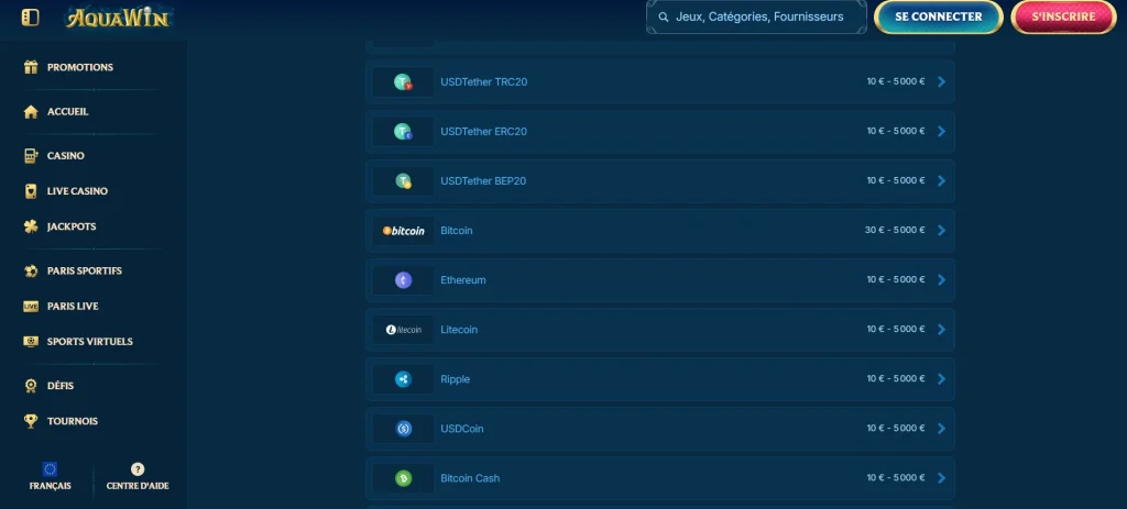 aquawin casino paiements